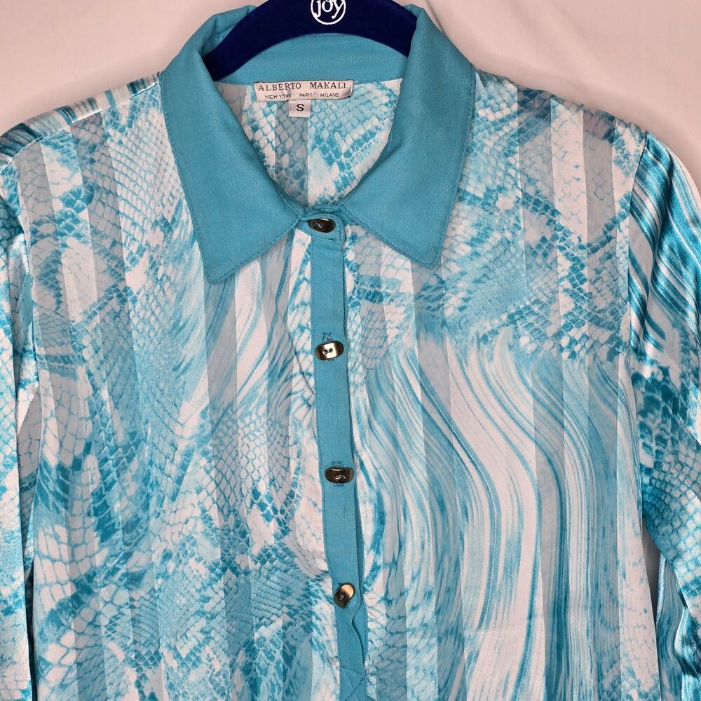 Alberto Makali Blue White Abstract Print Semi-Sheer Button-down Blouse Sz Small - Picture 3 of 9